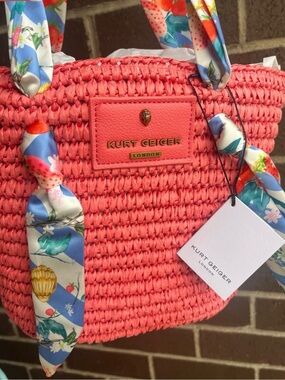 NWT Kurt Geiger Gorgeous Coral Woven Tote with Floral Scarf Shoulder Straps 🌺